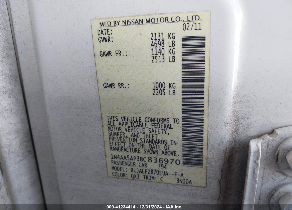 2011 NISSAN MAXIMA VIN: 1N4AA5AP3BC836970
