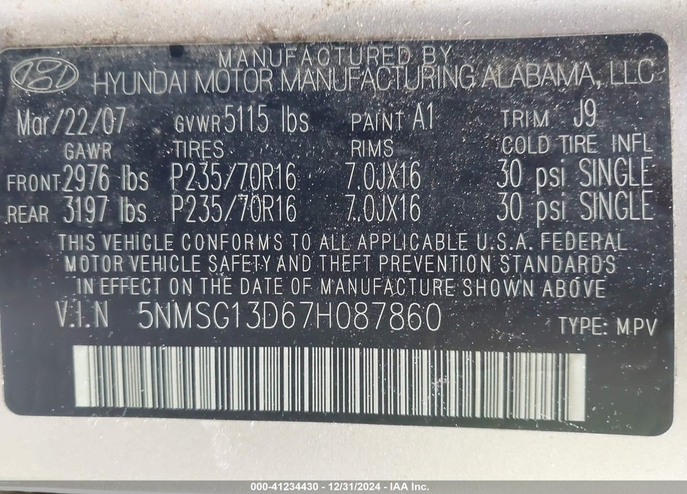 2007 HYUNDAI SANTA FE GLS VIN: 5NMSG13D67H087860