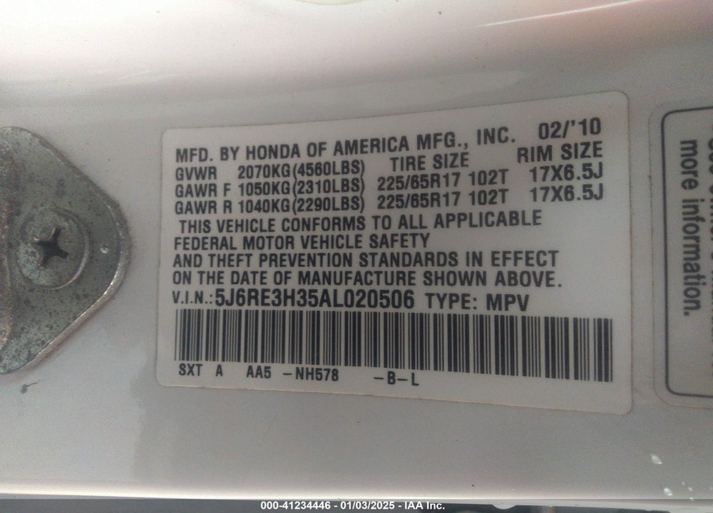 2010 HONDA CR-V VIN: 5J6RE3H35AL020506