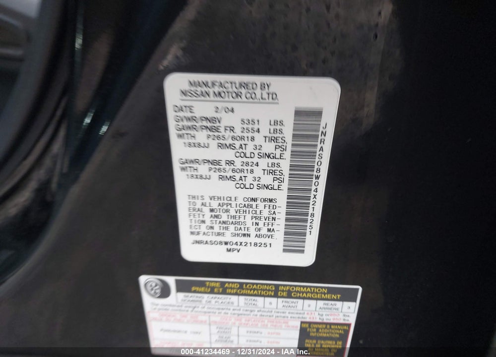 2004 INFINITI FX35 VIN: JNRAS08W04X218251