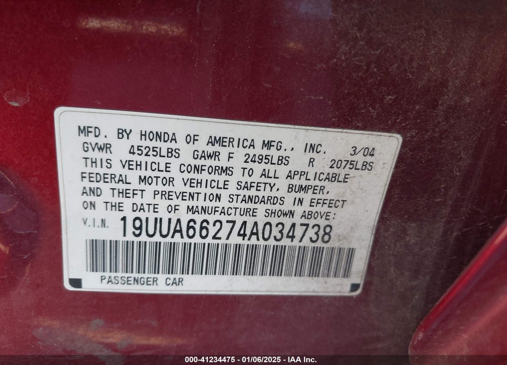 2004 ACURA TL VIN: 19UUA66274A034738