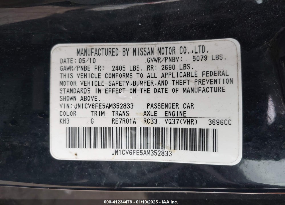 2010 INFINITI G37 VIN: JN1CV6FE5AM352833