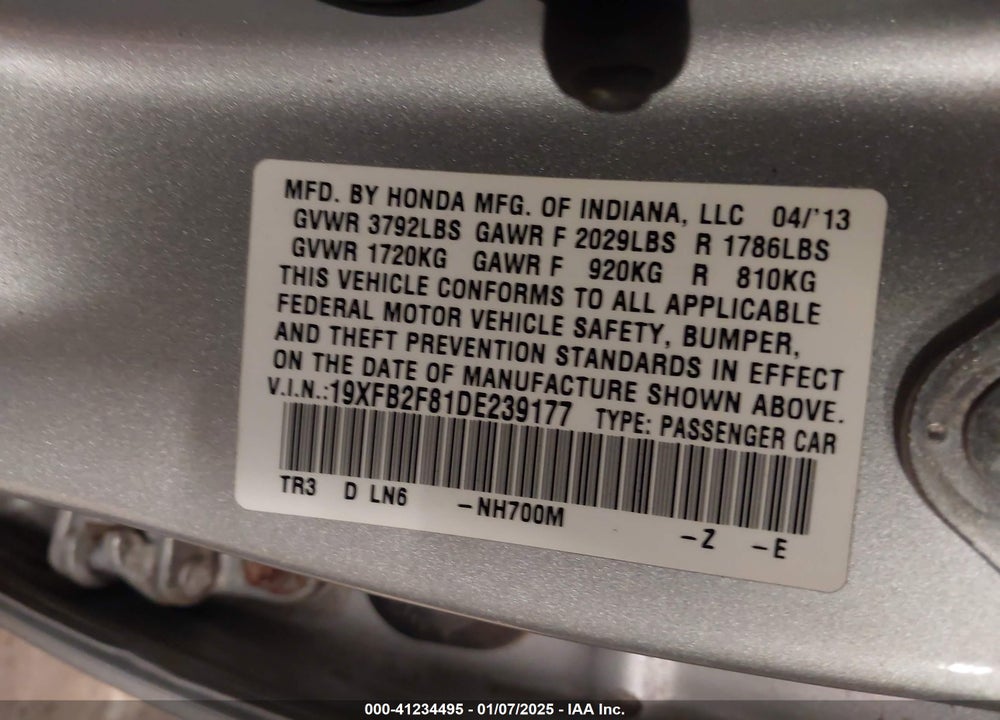 2013 HONDA CIVIC VIN: 19XFB2F81DE239177