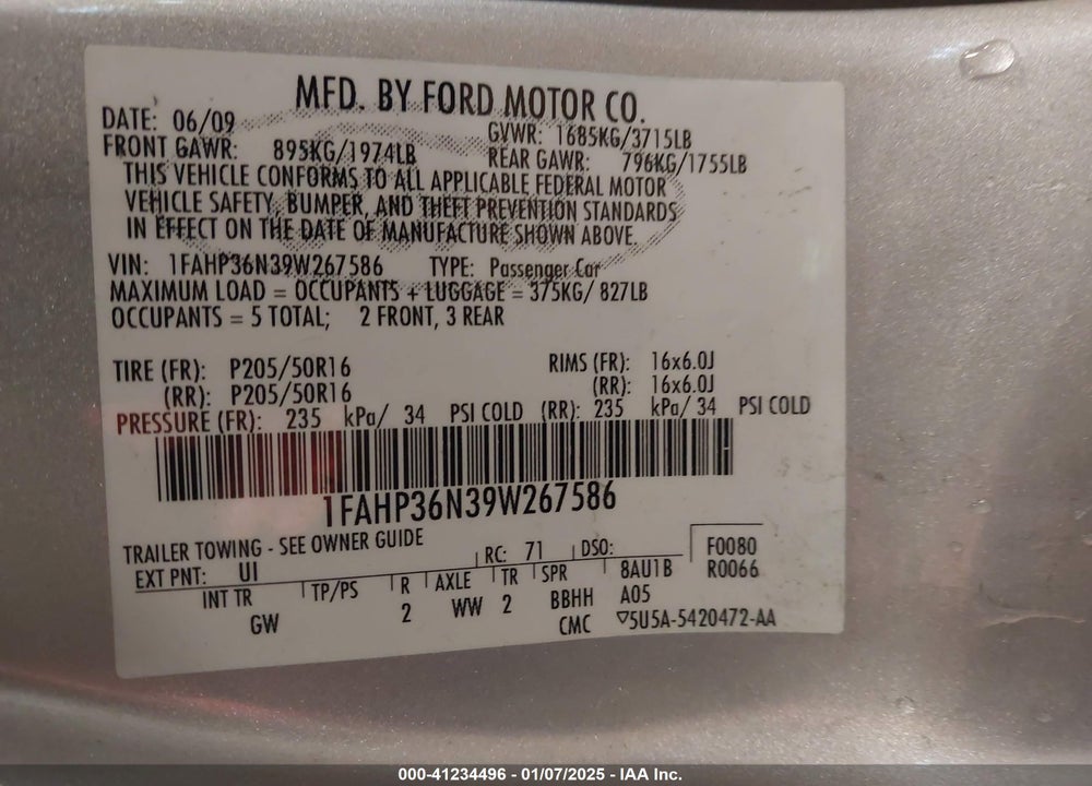 2009 FORD FOCUS SES VIN: 1FAHP36N39W267586