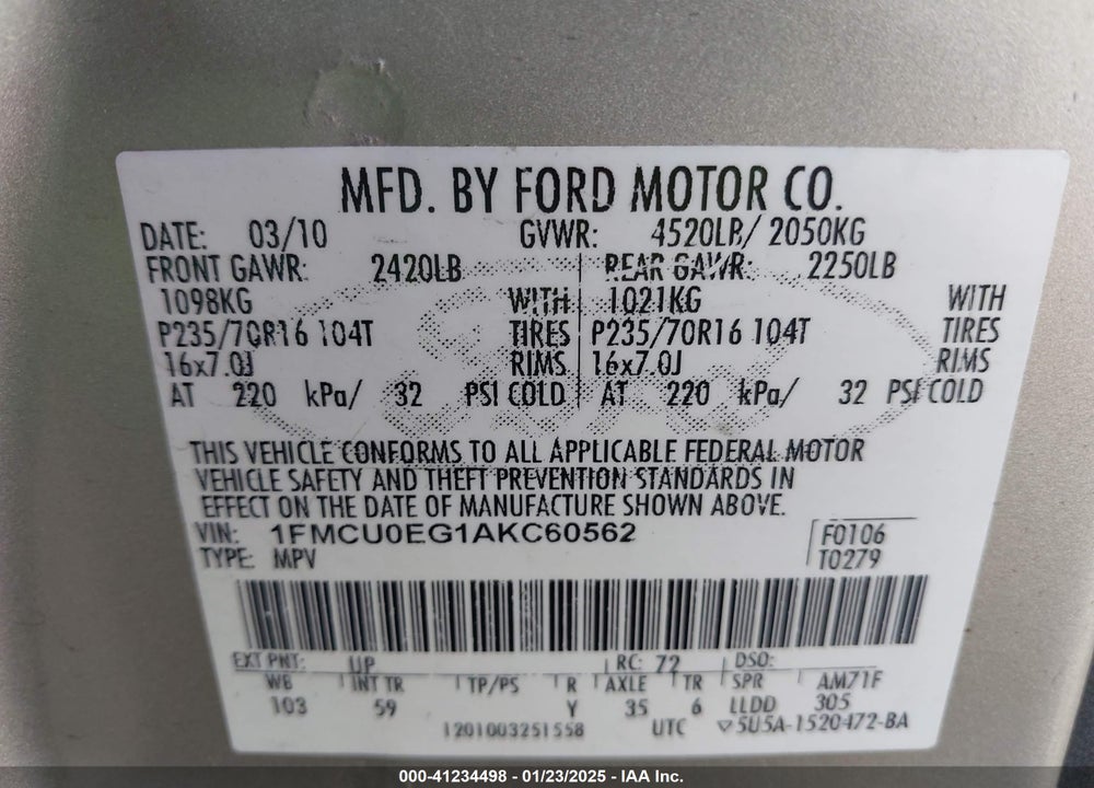 2010 FORD ESCAPE LIMITED VIN: 1FMCU0EG1AKC60562
