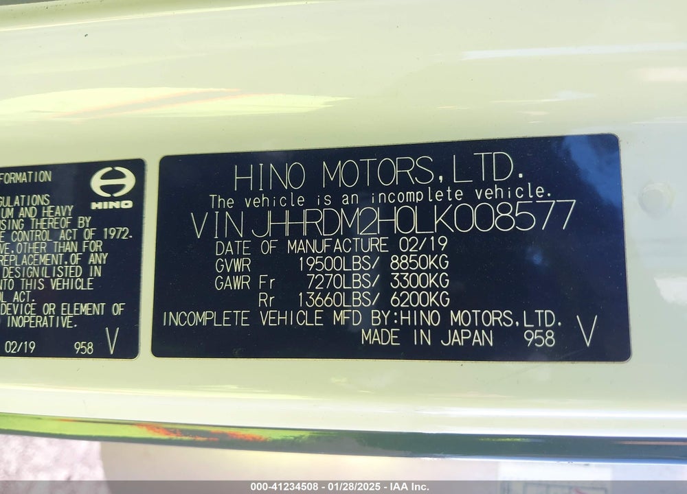 2020 HINO XJC720/XFC720 VIN: JHHRDM2H0LK008577