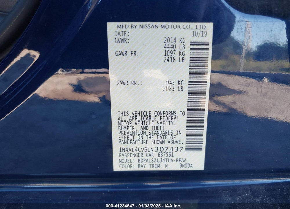 2020 NISSAN ALTIMA VIN: 1N4AL4CV6LN307437