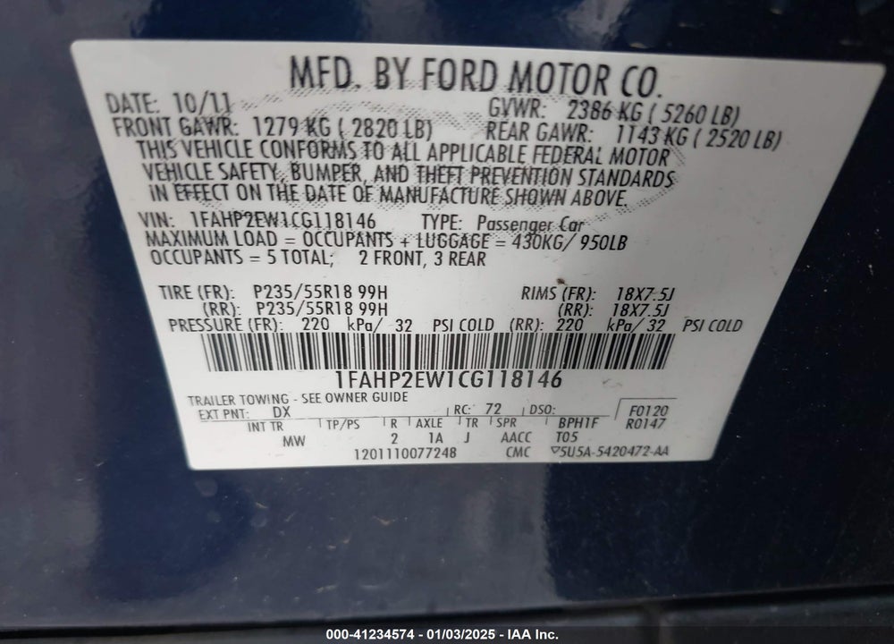 2012 FORD TAURUS SEL VIN: 1FAHP2EW1CG118146