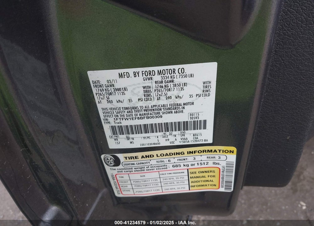 2011 FORD F-150 XLT VIN: 1FTFW1EF8BFB00309