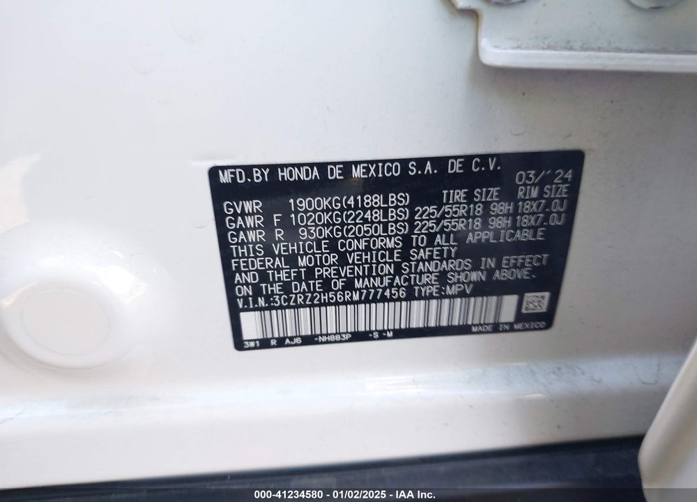 2024 HONDA HR-V VIN: 3CZRZ2H56RM777456
