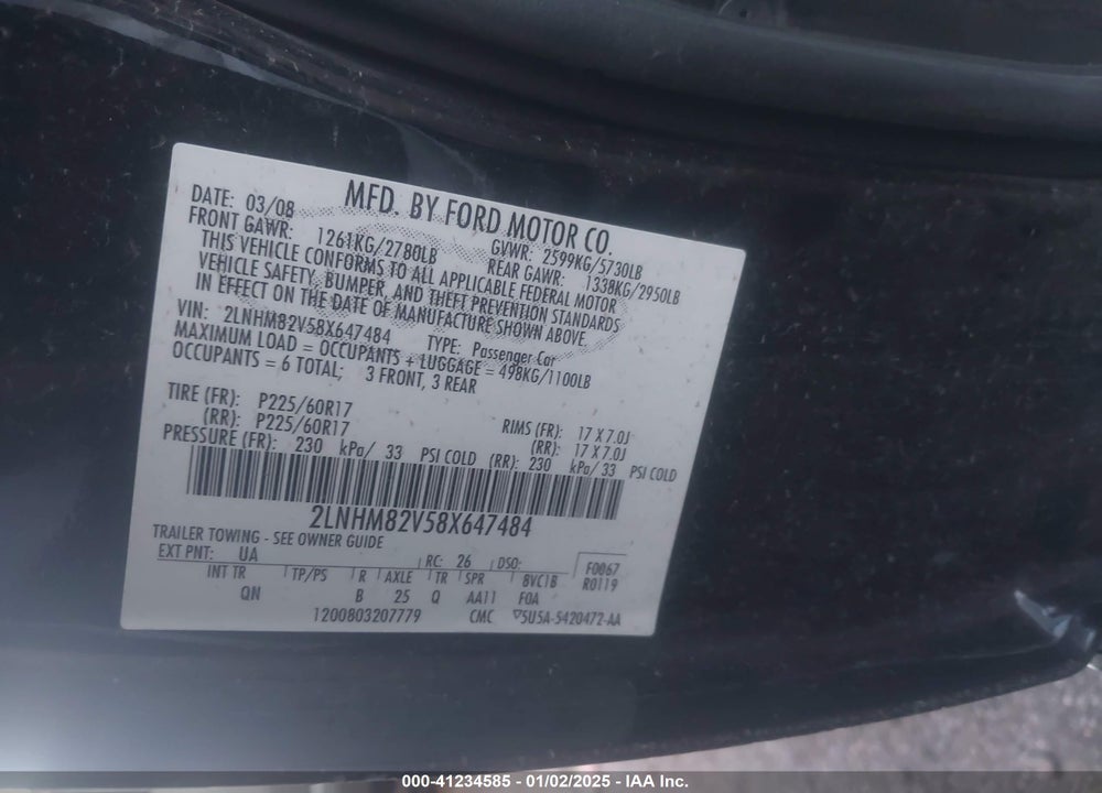 2008 LINCOLN TOWN CAR VIN: 2LNHM82V58X647484