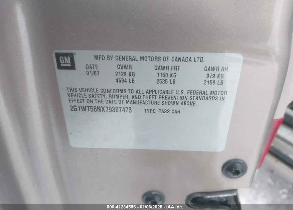 2007 CHEVROLET IMPALA VIN: 2G1WT58NX79307473