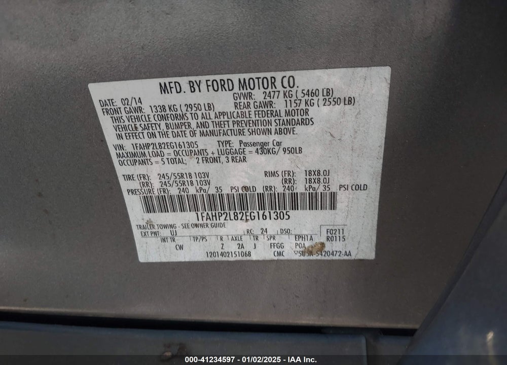 2014 FORD POLICE INTERCEPTOR VIN: 1FAHP2L82EG161305