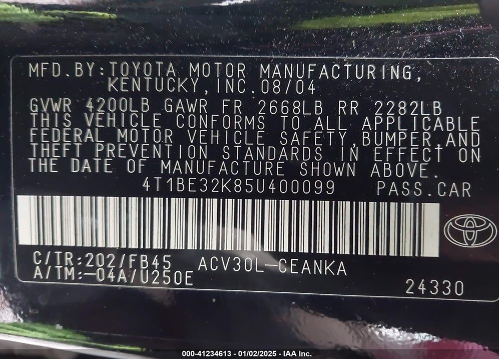 2005 TOYOTA CAMRY LE VIN: 4T1BE32K85U400099