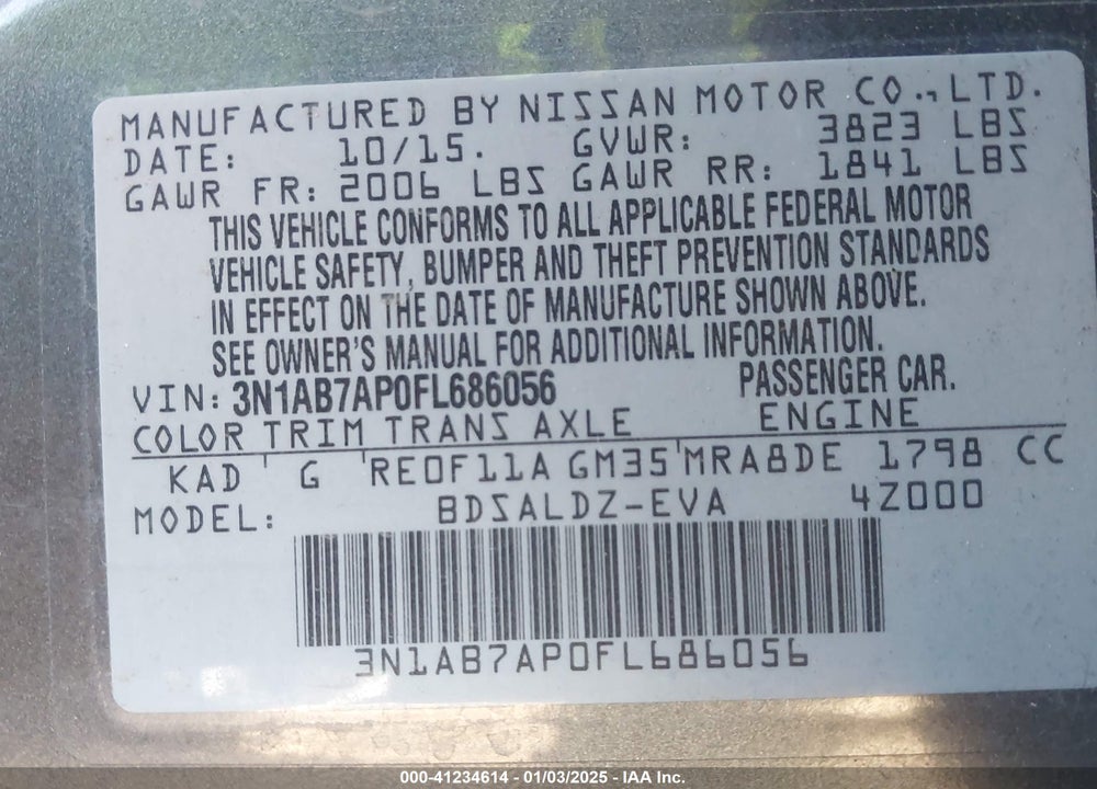 2015 NISSAN SENTRA SV VIN: 3N1AB7AP0FL686056