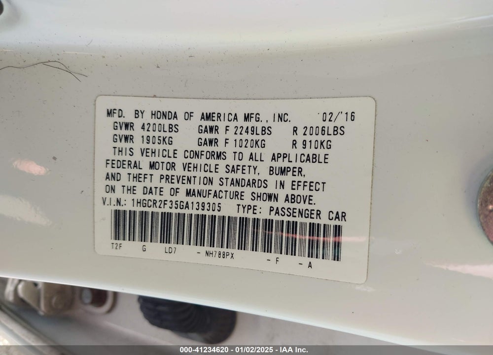 2016 HONDA ACCORD VIN: 1HGCR2F35GA139305