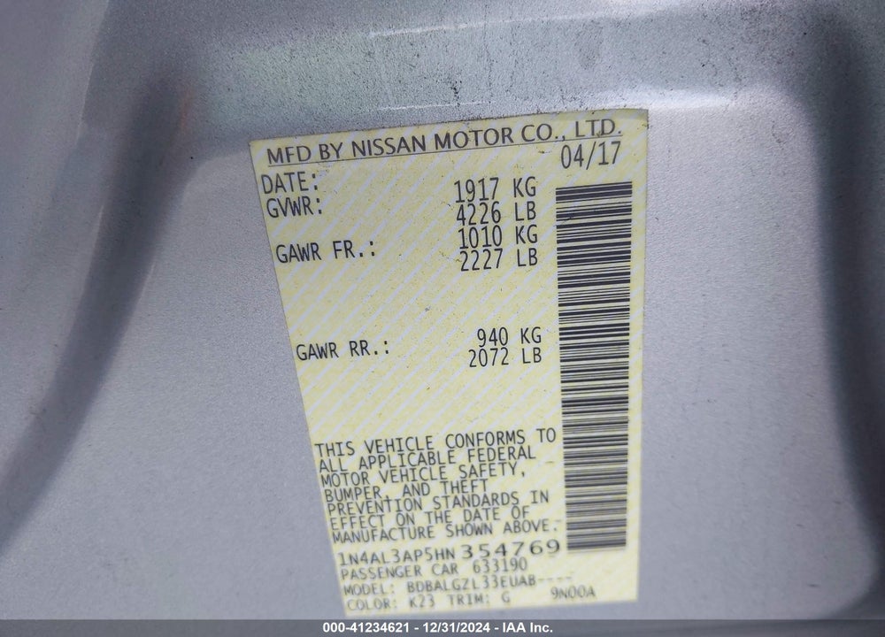 2017 NISSAN ALTIMA VIN: 1N4AL3AP5HN354769