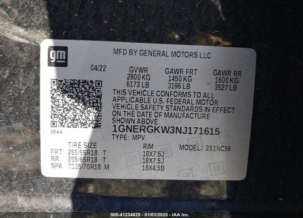 2022 CHEVROLET TRAVERSE VIN: 1GNERGKW3NJ171615