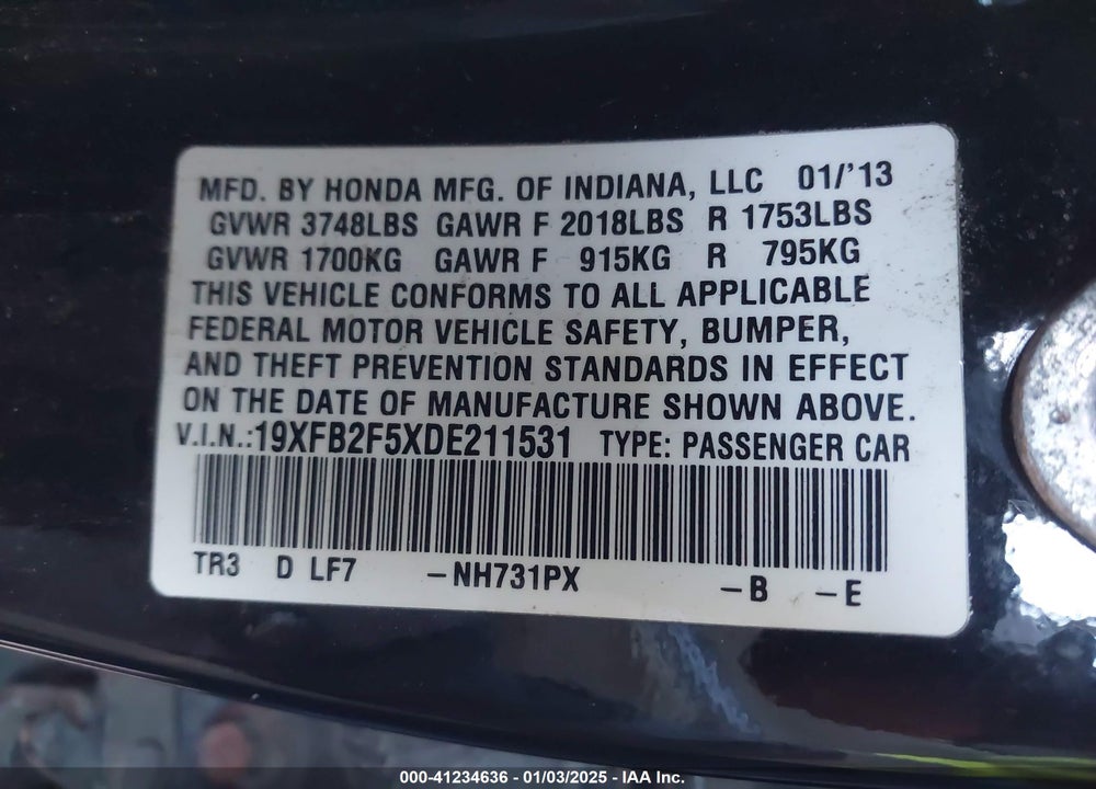 2013 HONDA CIVIC LX VIN: 19XFB2F5XDE211531