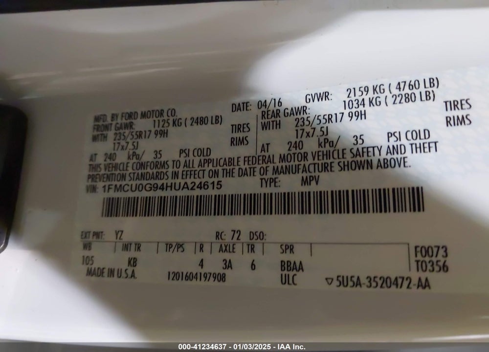 2017 FORD ESCAPE SE VIN: 1FMCU0G94HUA24615