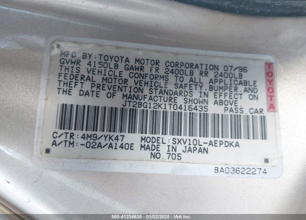 1996 TOYOTA CAMRY DX/LE/XLE VIN: JT2BG12K1T0416435