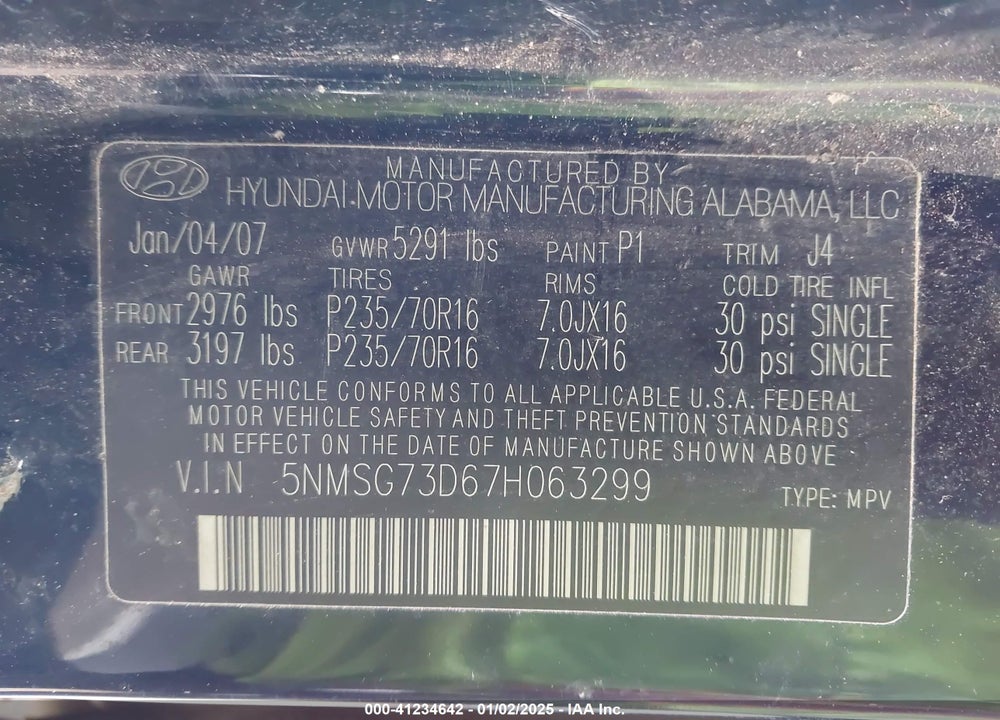 2007 HYUNDAI SANTA FE GLS VIN: 5NMSG73D67H063299