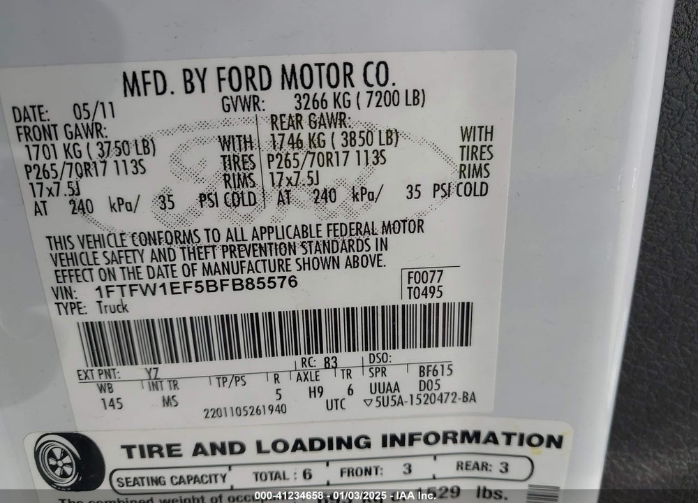 2011 FORD F-150 VIN: 1FTFW1EF5BFB85576