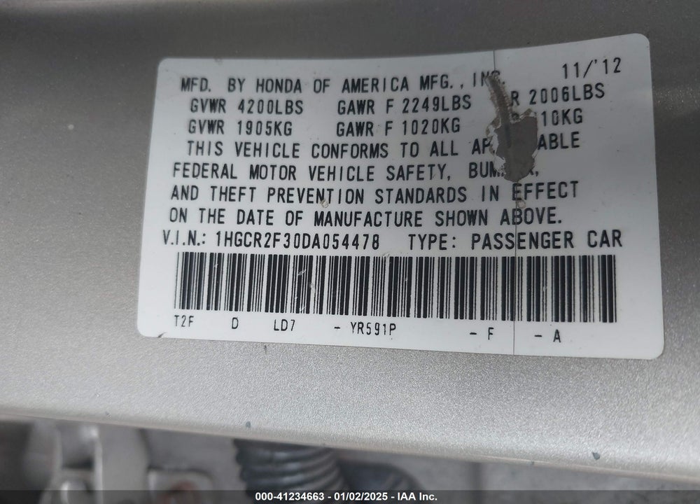 2013 HONDA ACCORD LX VIN: 1HGCR2F30DA054478