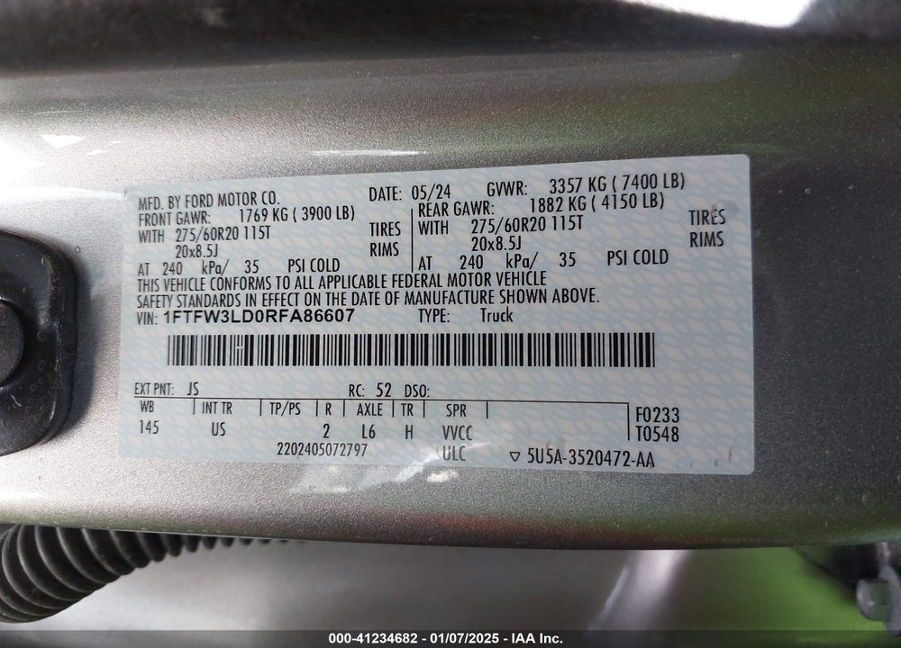 2024 FORD F-150 VIN: 1FTFW3LD0RFA86607