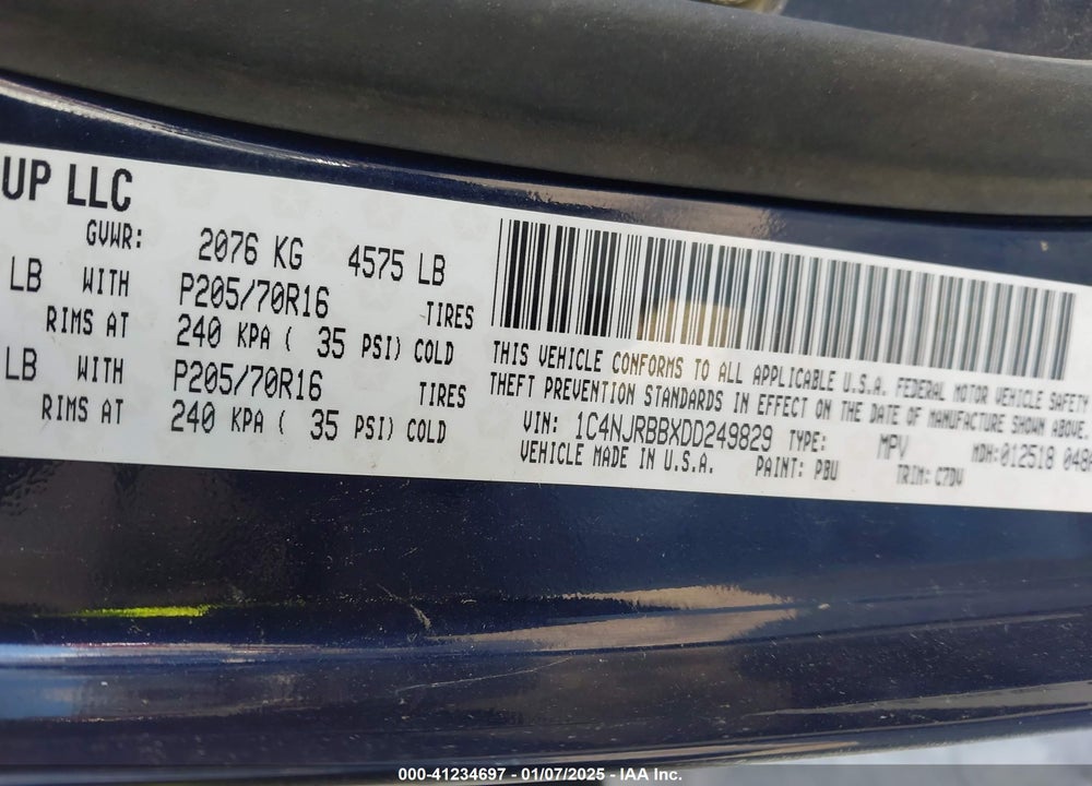 2013 JEEP PATRIOT SPORT VIN: 1C4NJRBBXDD249829