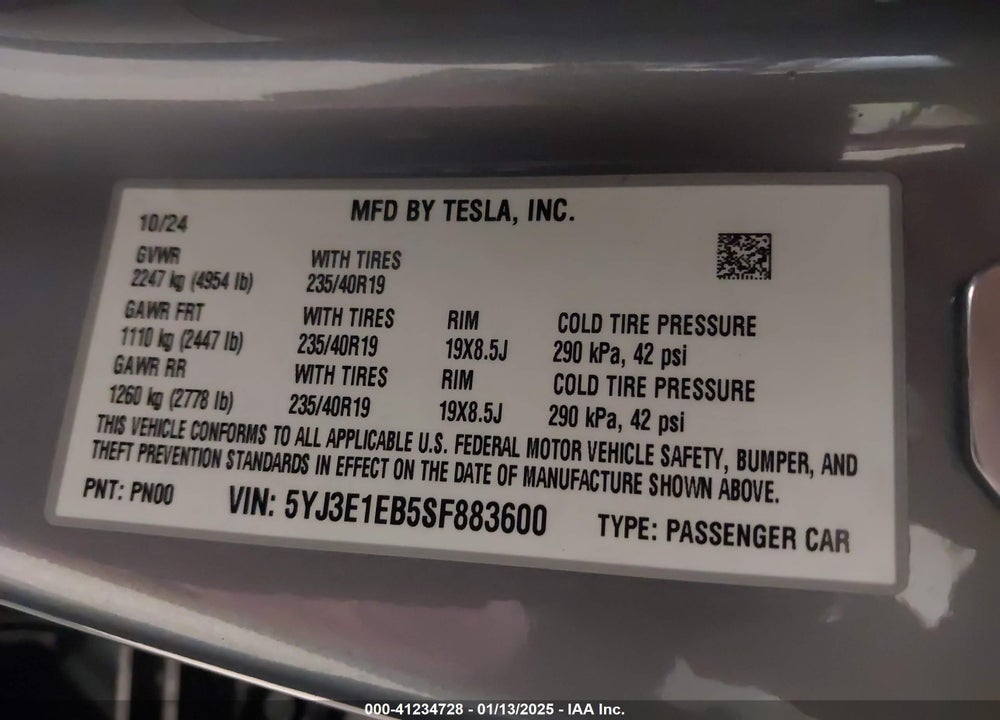 2025 TESLA MODEL 3 VIN: 5YJ3E1EB5SF883600