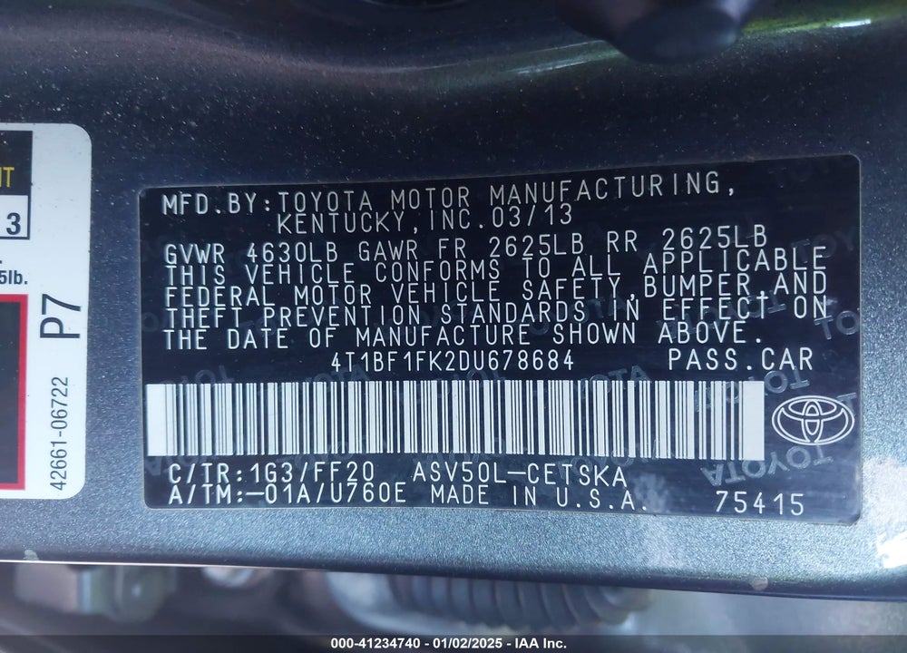 2013 TOYOTA CAMRY VIN: 4T1BF1FK2DU678684