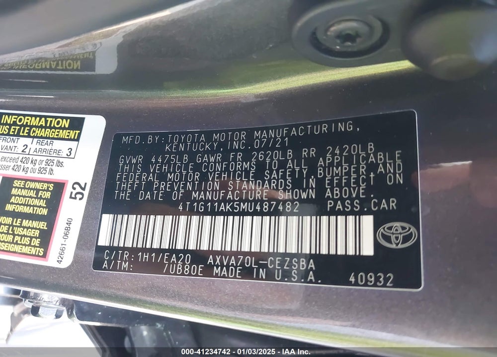 2021 TOYOTA CAMRY VIN: 4T1G11AK5MU487482