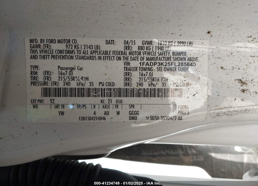 2015 FORD FOCUS VIN: 1FADP3K25FL285840
