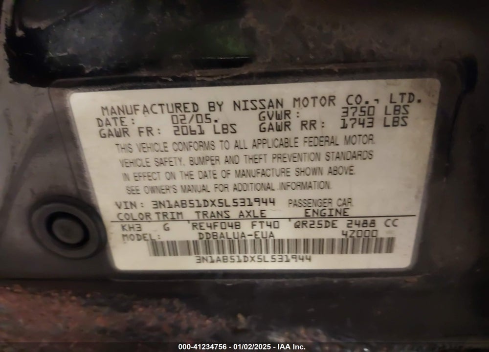 2005 NISSAN SENTRA SE-R VIN: 3N1AB51DX5L531944