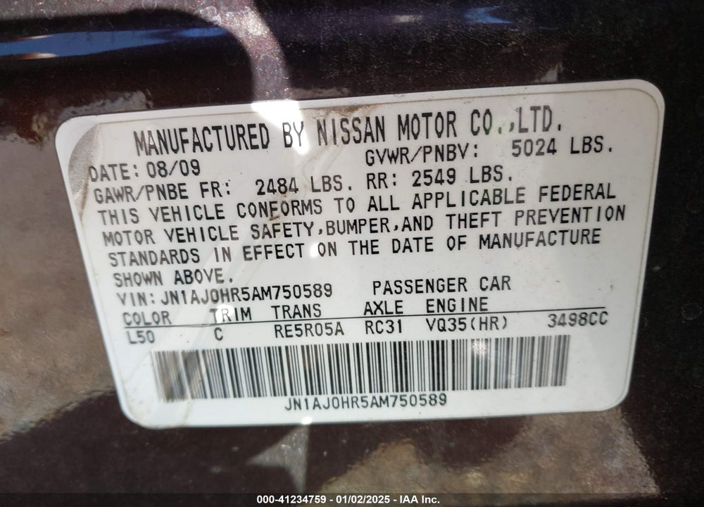 2010 INFINITI EX35 JOURNEY VIN: JN1AJ0HR5AM750589