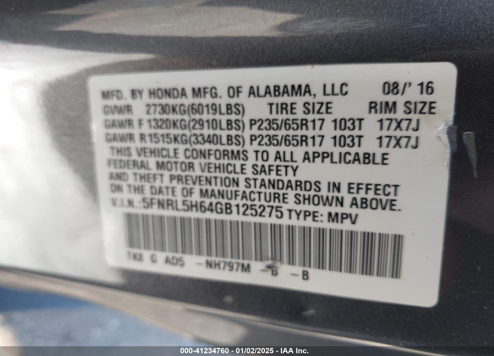 2016 HONDA ODYSSEY EX-L VIN: 5FNRL5H64GB125275