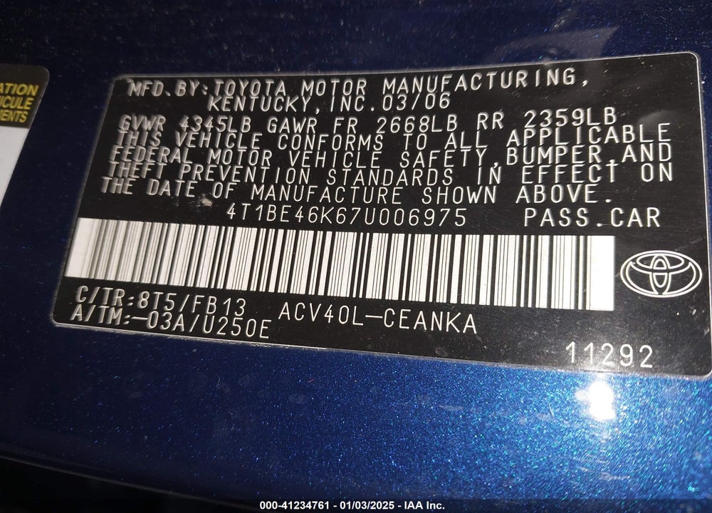 2007 TOYOTA CAMRY VIN: 4T1BE46K67U006975