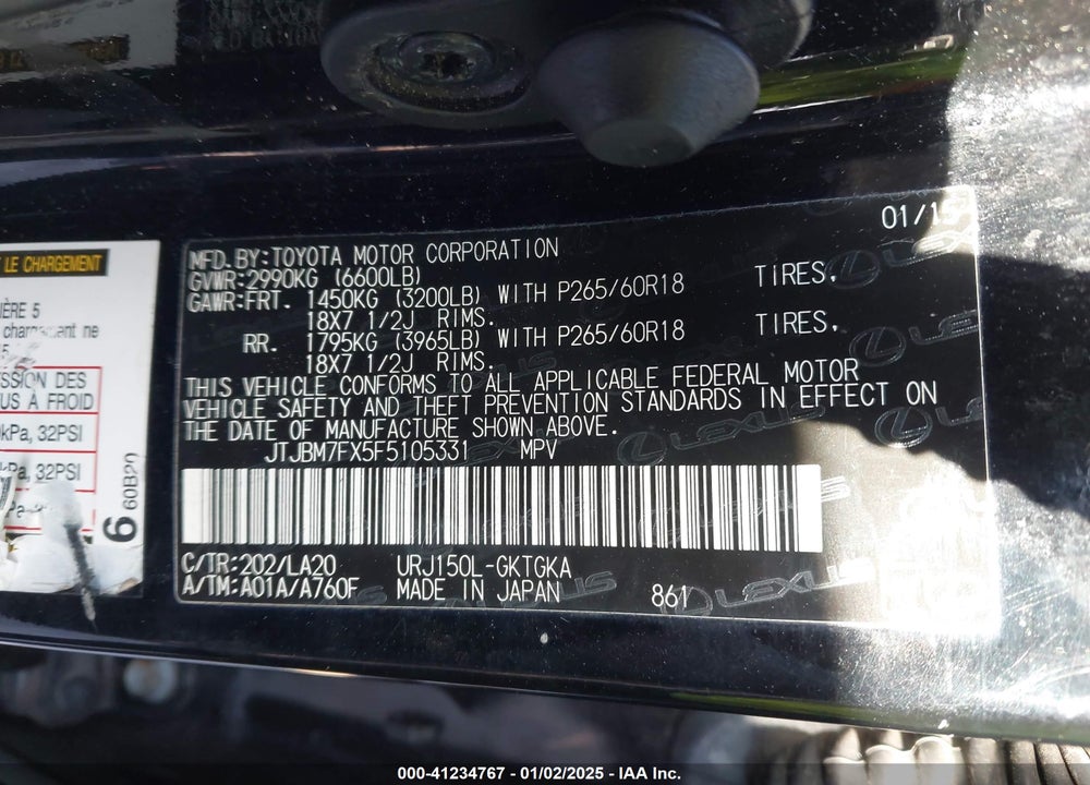 2015 LEXUS GX 460 VIN: JTJBM7FX5F5105331