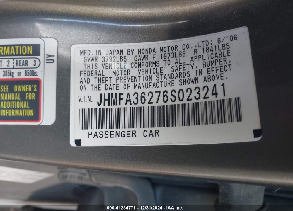 2006 HONDA CIVIC HYBRID VIN: JHMFA36276S023241