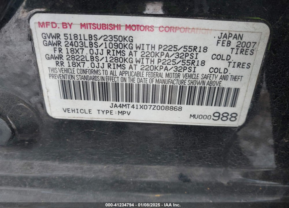 2007 MITSUBISHI OUTLANDER XLS VIN: JA4MT41X07Z008868