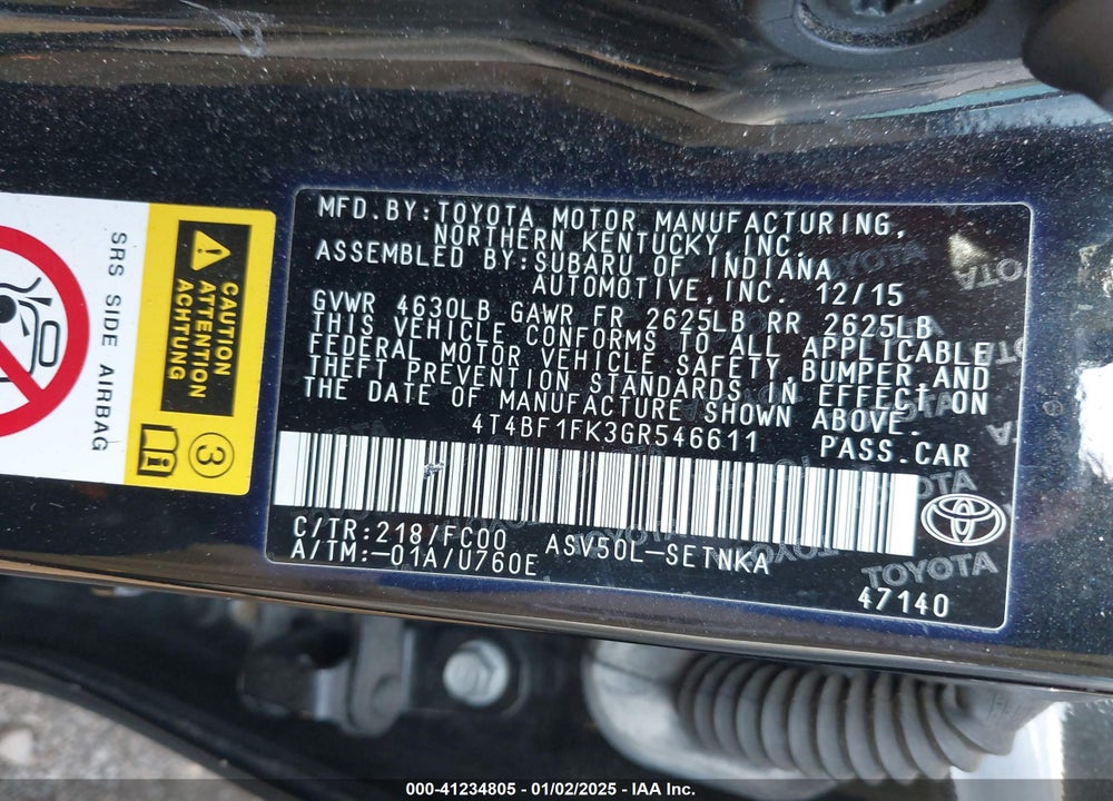 2016 TOYOTA CAMRY VIN: 4T4BF1FK3GR546611