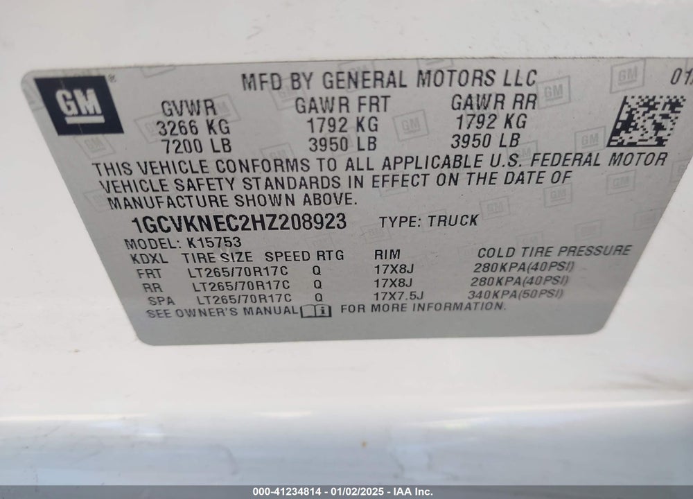 2017 CHEVROLET SILVERADO 1500 VIN: 1GCVKNEC2HZ208923