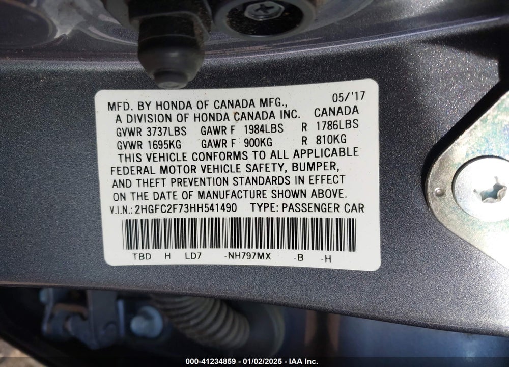 2017 HONDA CIVIC EX VIN: 2HGFC2F73HH541490