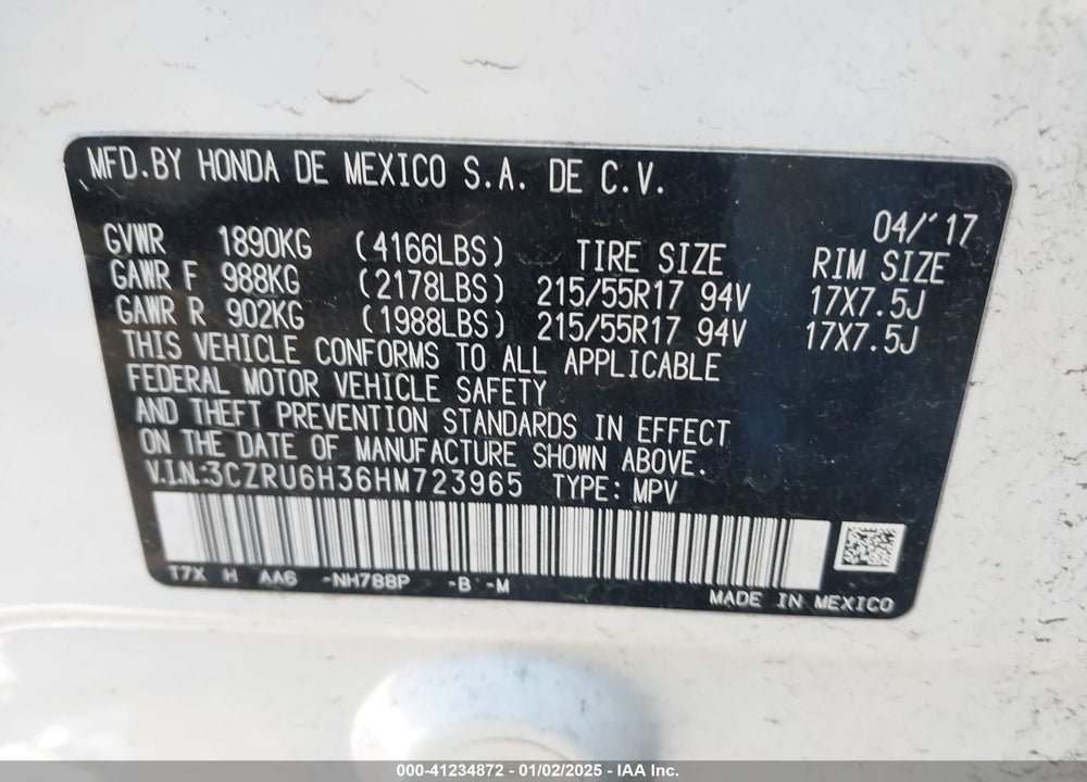 2017 HONDA HR-V VIN: 3CZRU6H36HM723965