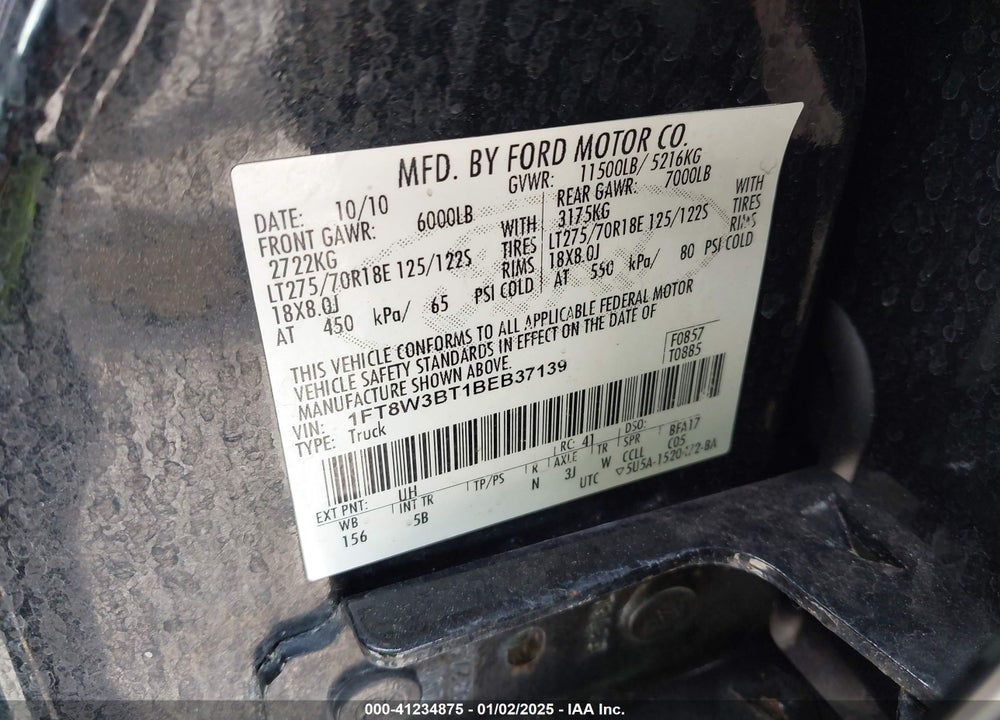 2011 FORD F-350 LARIAT VIN: 1FT8W3BT1BEB37139