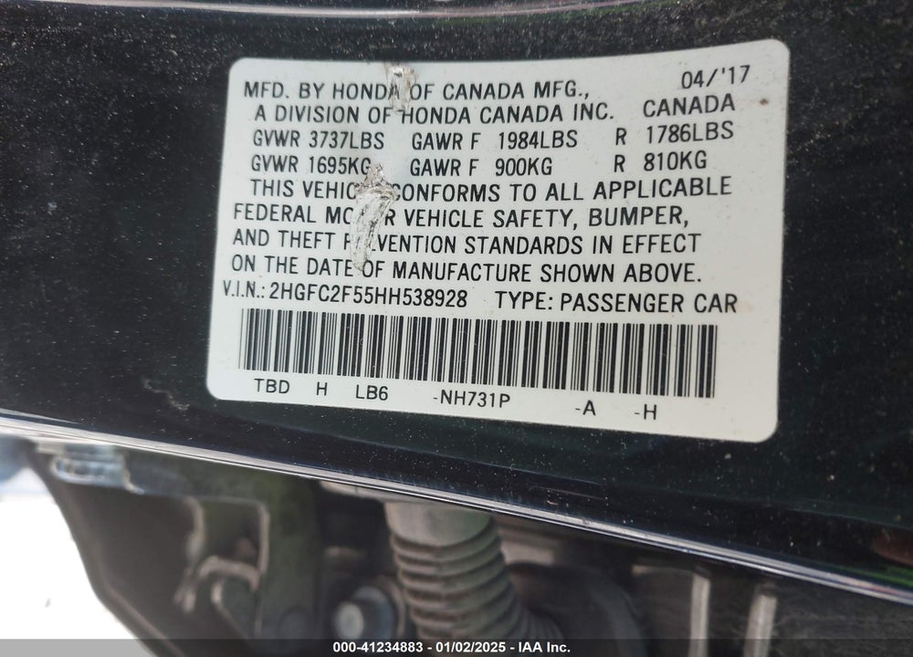 2017 HONDA CIVIC VIN: 2HGFC2F55HH538928