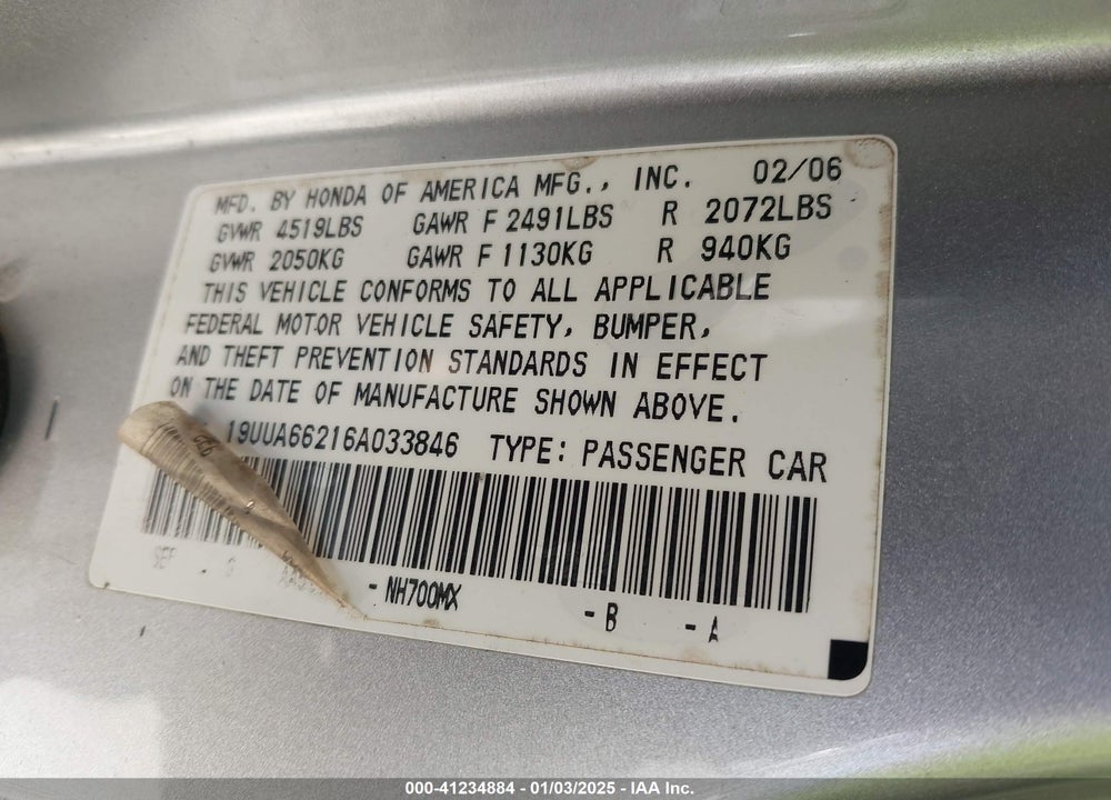 2006 ACURA TL VIN: 19UUA66216A033846