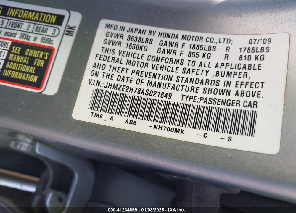 2010 HONDA INSIGHT VIN: JHMZE2H78AS021849