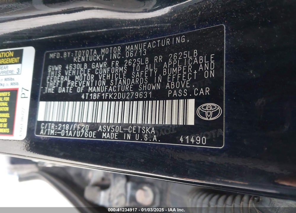 2013 TOYOTA CAMRY VIN: 4T1BF1FK2DU279631